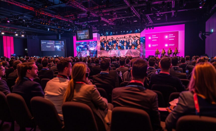 crowd-people-are-sitting-front-stage-with-large-screen-that-says-welcome